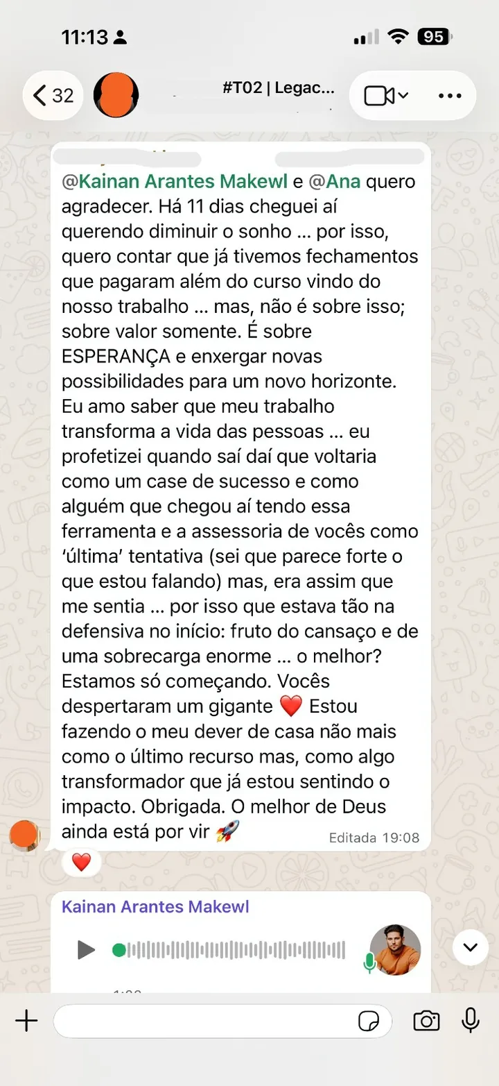 Print de mensagem de agradecimento de uma cliente do Makewl Legacy para Kainan e Ana