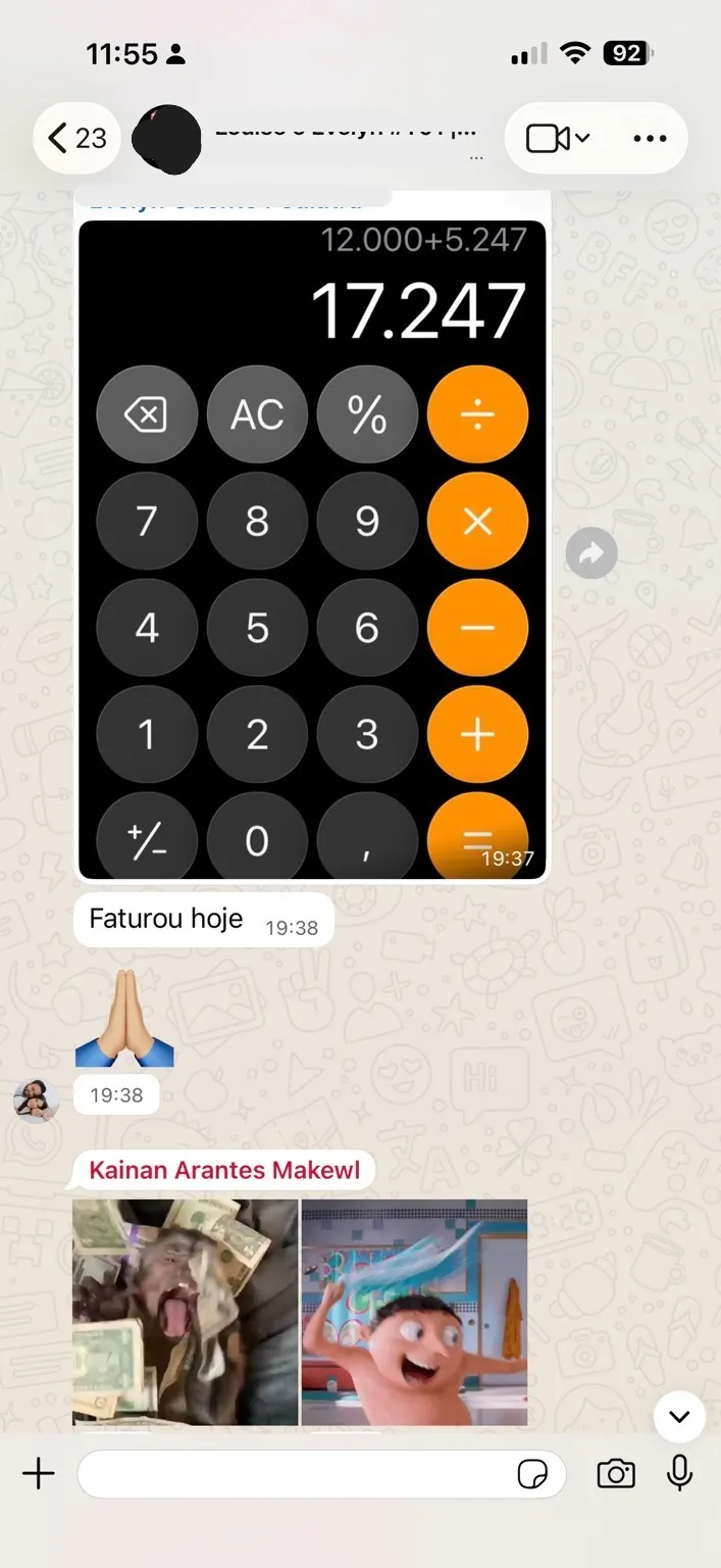 Print de conversa no WhatsApp com a calculadora mostrando R$ 17.247 faturados no dia por uma cliente